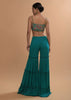 Teal Sharara And Crop Top Set With Colorful Resham, Cut Dana And Moti Embroidered Spring Blooms