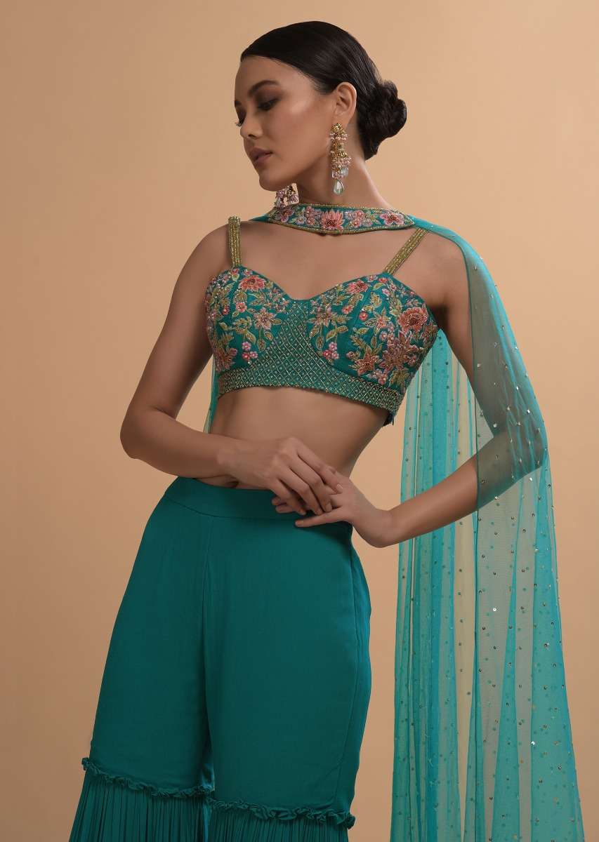 Teal Sharara And Crop Top Set With Colorful Resham, Cut Dana And Moti Embroidered Spring Blooms