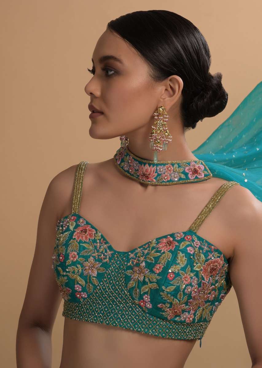 Teal Sharara And Crop Top Set With Colorful Resham, Cut Dana And Moti Embroidered Spring Blooms