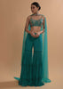 Teal Sharara And Crop Top Set With Colorful Resham, Cut Dana And Moti Embroidered Spring Blooms