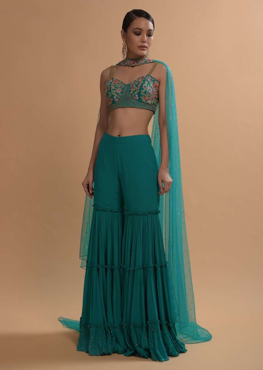 Teal Sharara And Crop Top Set With Colorful Resham, Cut Dana And Moti Embroidered Spring Blooms