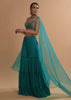 Teal Sharara And Crop Top Set With Colorful Resham, Cut Dana And Moti Embroidered Spring Blooms