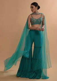 Teal Sharara And Crop Top Set With Colorful Resham, Cut Dana And Moti Embroidered Spring Blooms