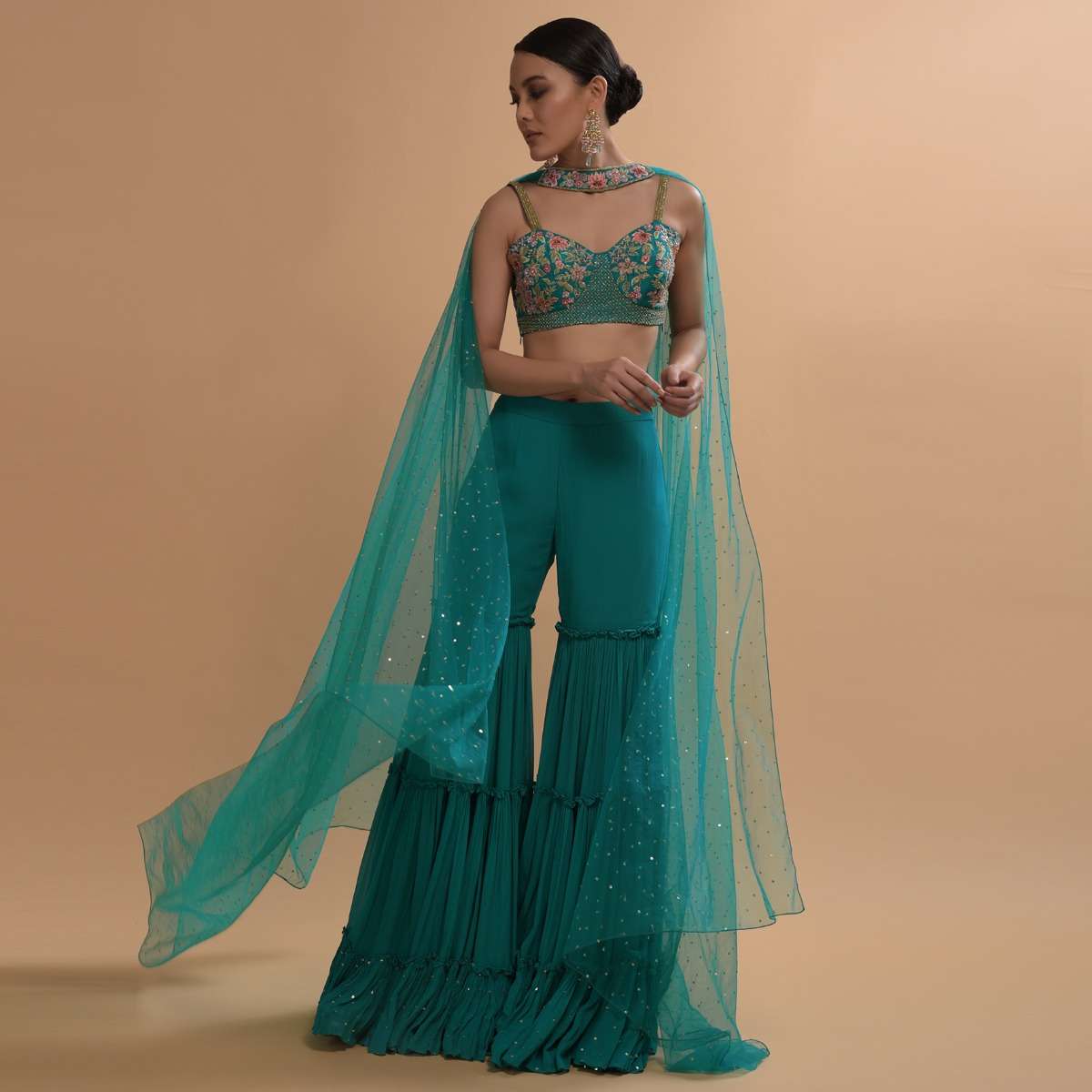 Teal Sharara And Crop Top Set With Colorful Resham, Cut Dana And Moti Embroidered Spring Blooms