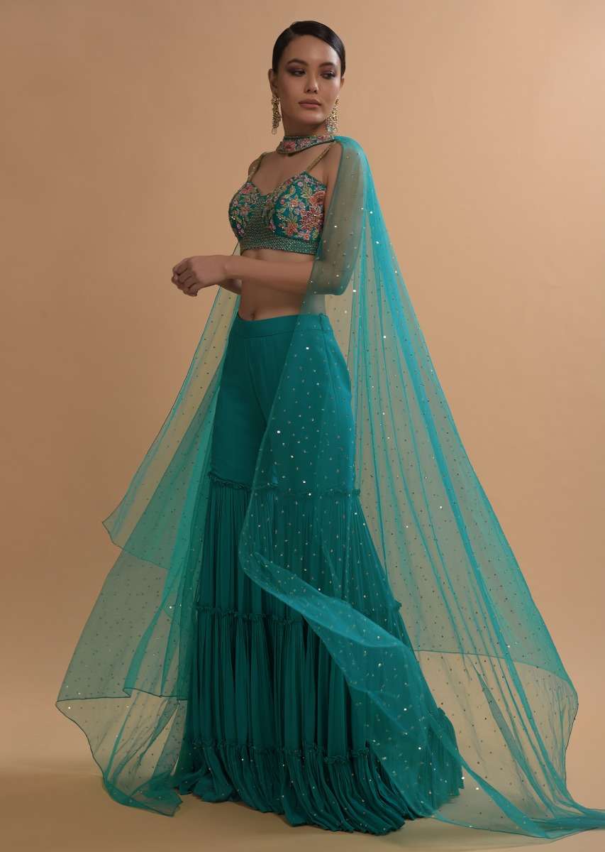 Teal Sharara And Crop Top Set With Colorful Resham, Cut Dana And Moti Embroidered Spring Blooms