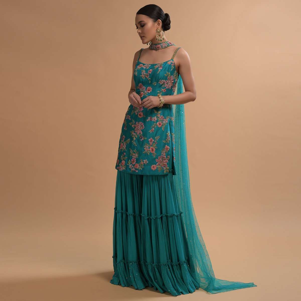 Teal Sharara Suit With Colorful Resham, Cut Dana And Moti Embroidered Spring Blossoms