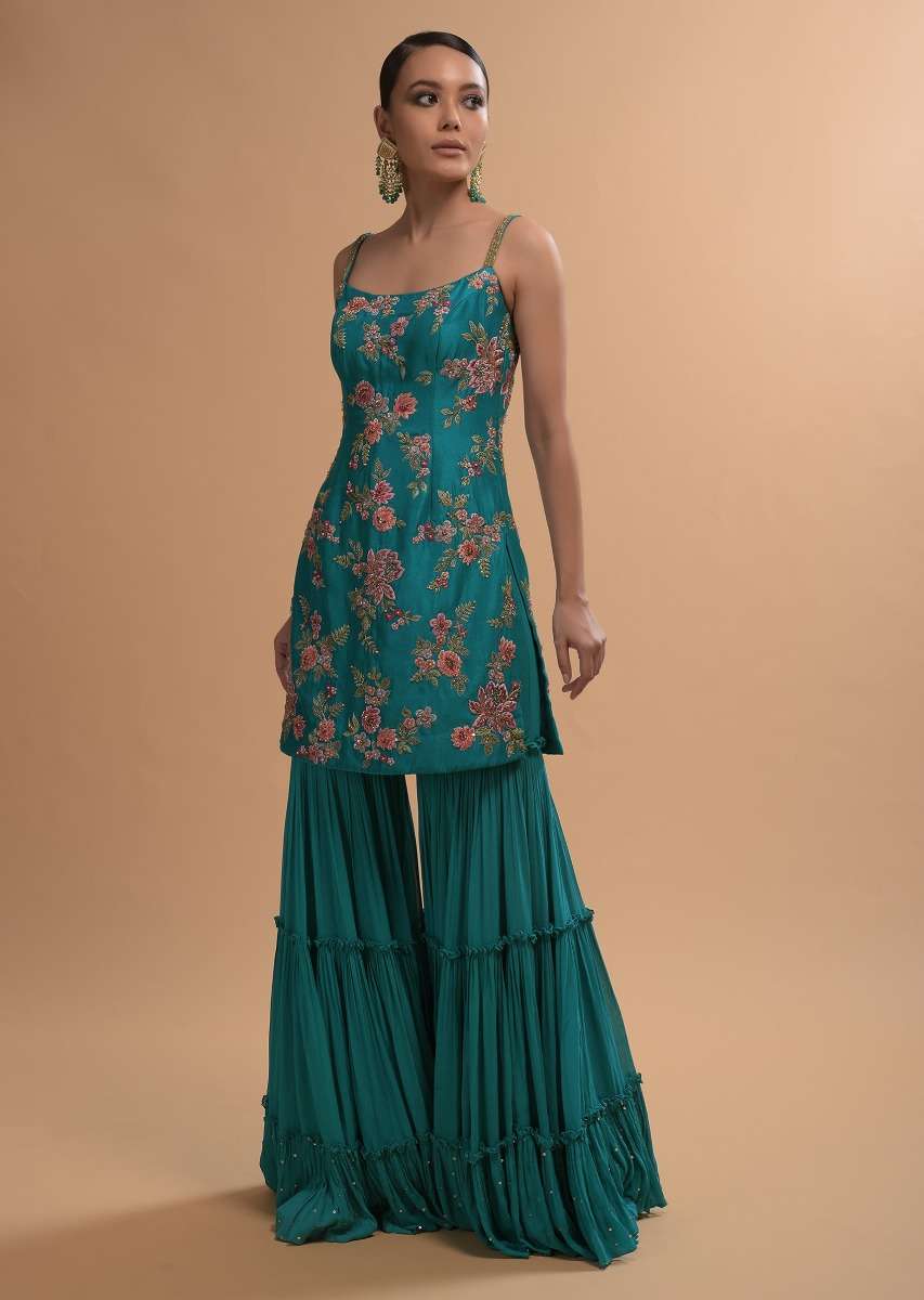 Teal Sharara Suit With Colorful Resham, Cut Dana And Moti Embroidered Spring Blossoms