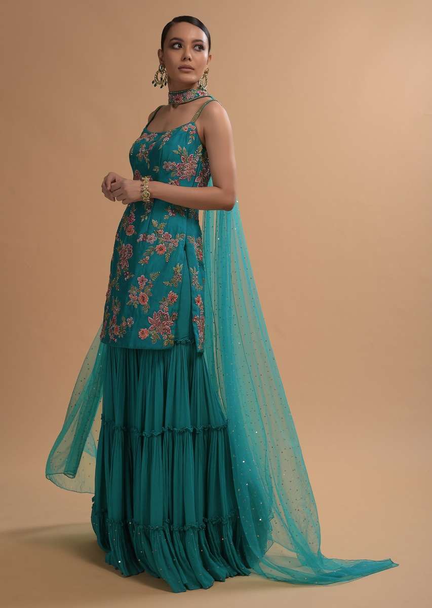 Teal Sharara Suit With Colorful Resham, Cut Dana And Moti Embroidered Spring Blossoms