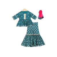 Teal Sharara Suit With Short Anarkali Kurta In Brocade Dupion Silk Online - Free Sparrow