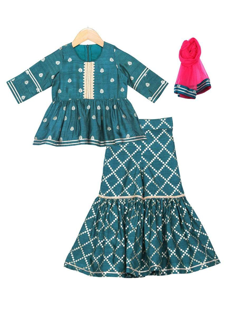 Teal Sharara Suit With Short Anarkali Kurta In Brocade Dupion Silk Online - Free Sparrow