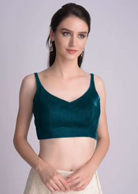 Teal Sleeveless Blouse With Leaf Shaped Neckline