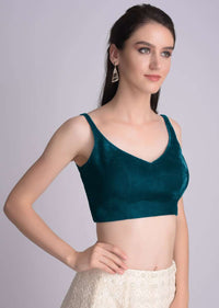 Teal Sleeveless Blouse With Leaf Shaped Neckline