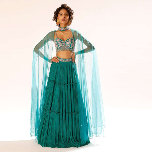 Teal Tiered Skirt And Bustier Set With Colorful Resham Embroidery And Choker With Attached Net Cape