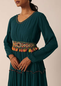 Teal Bead Embroidered Long Kurti With Embellished Belt