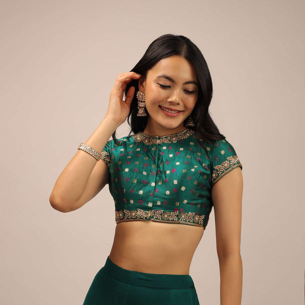 Teal Blouse In Brocade With Woven Buttis, Bandhani And Zardosi Embroidery