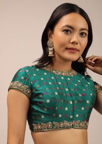 Teal Blouse In Brocade With Woven Buttis, Bandhani And Zardosi Embroidery