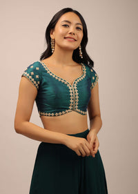 Teal Blouse In Raw Silk With Moti And Zari Work In Floral Design