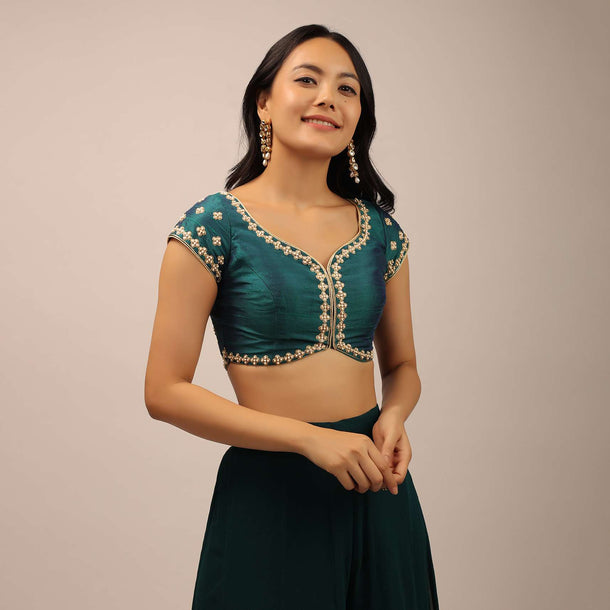 Teal Blouse In Raw Silk With Moti And Zari Work In Floral Design