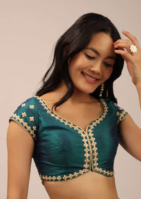 Teal Blouse In Raw Silk With Moti And Zari Work In Floral Design