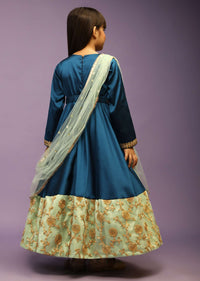 Kalki Girls Teal blue Anarkali gown with green border and intricate lace embroidery by fayon kids