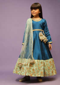 Kalki Girls Teal blue Anarkali gown with green border and intricate lace embroidery by fayon kids