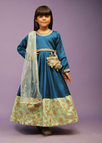 Kalki Girls Teal blue Anarkali gown with green border and intricate lace embroidery by fayon kids