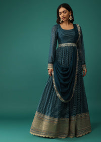 Teal Blue Anarkali Set In Georgette With Attached Drape