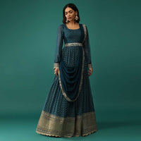 Teal Blue Anarkali Set In Georgette With Attached Drape