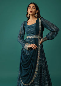 Teal Blue Anarkali Set In Georgette With Attached Drape