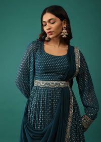 Teal Blue Anarkali Set In Georgette With Attached Drape