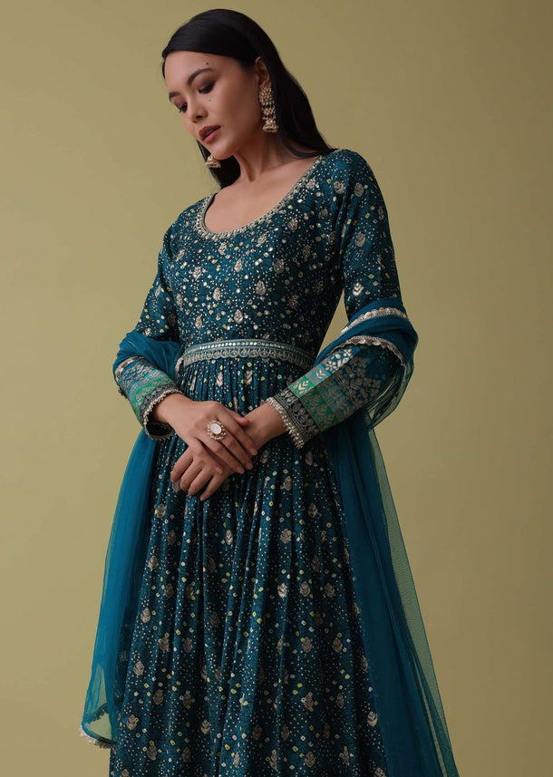 Teal Blue Anarkali Suit Set In Silk With Bandhani Print And Brocade Weave