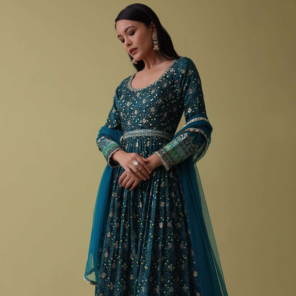 Teal Blue Anarkali Suit Set In Silk With Bandhani Print And Brocade Weave