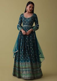 Teal Blue Anarkali Suit Set In Silk With Bandhani Print And Brocade Weave
