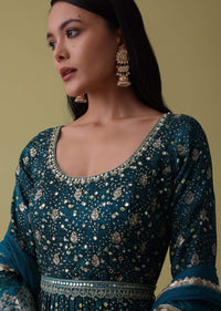 Teal Blue Anarkali Suit Set In Silk With Bandhani Print And Brocade Weave