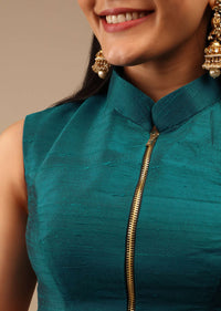 Teal Blue Blouse In Raw Silk With Mandarin Collar Neckline And Front Zip Closure