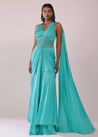 Teal Blue Drape Saree And Fany Halter Neck Blouse Set In Satin With Cutdana Embroidery