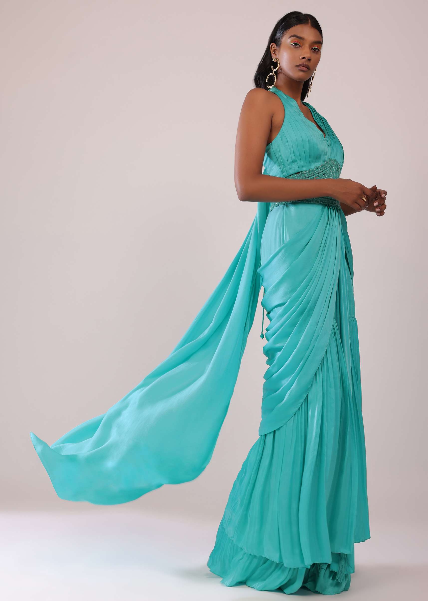 Teal Blue Drape Saree And Fany Halter Neck Blouse Set In Satin With Cutdana Embroidery