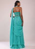 Teal Blue Drape Saree And Fany Halter Neck Blouse Set In Satin With Cutdana Embroidery