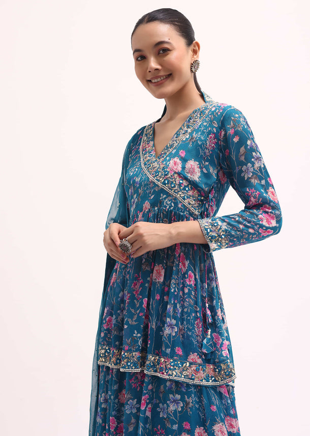 Teal Blue Embroidered Kurta Lehenga Set