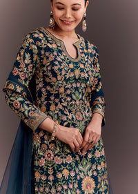 Teal Blue Embroidered Palazzo Set