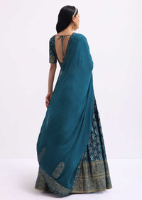 Teal Blue Embroidered Silk Lehenga Choli Set
