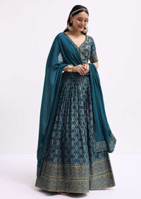 Teal Blue Embroidered Silk Lehenga Choli Set