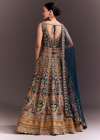 Teal Blue Floral Embroidered Anarkali With Net Dupatta