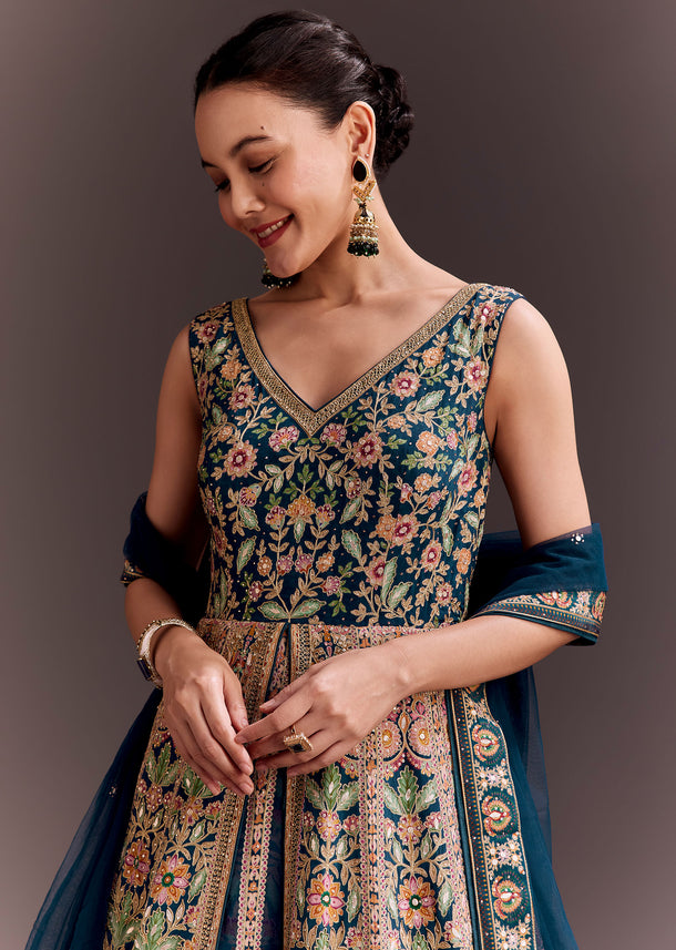 Teal Blue Floral Embroidered Anarkali With Net Dupatta