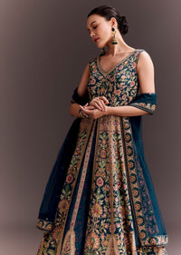 Teal Blue Floral Embroidered Anarkali With Net Dupatta
