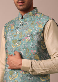 Teal Blue Jacket Kurta Set With Thread Embroidery