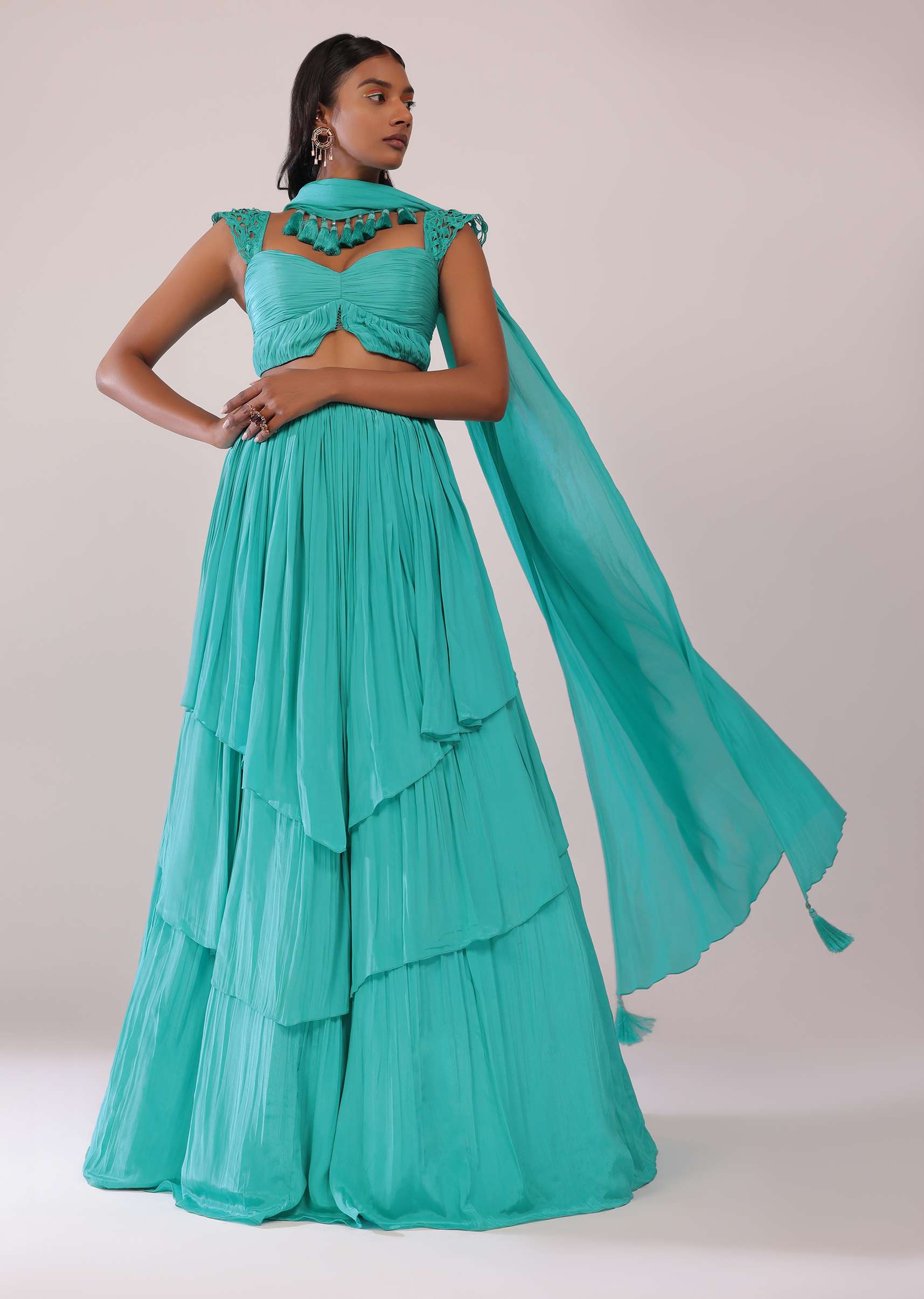 Teal Blue Layered Lehenga And Blouse Set With Choker Dupatta In Crepe