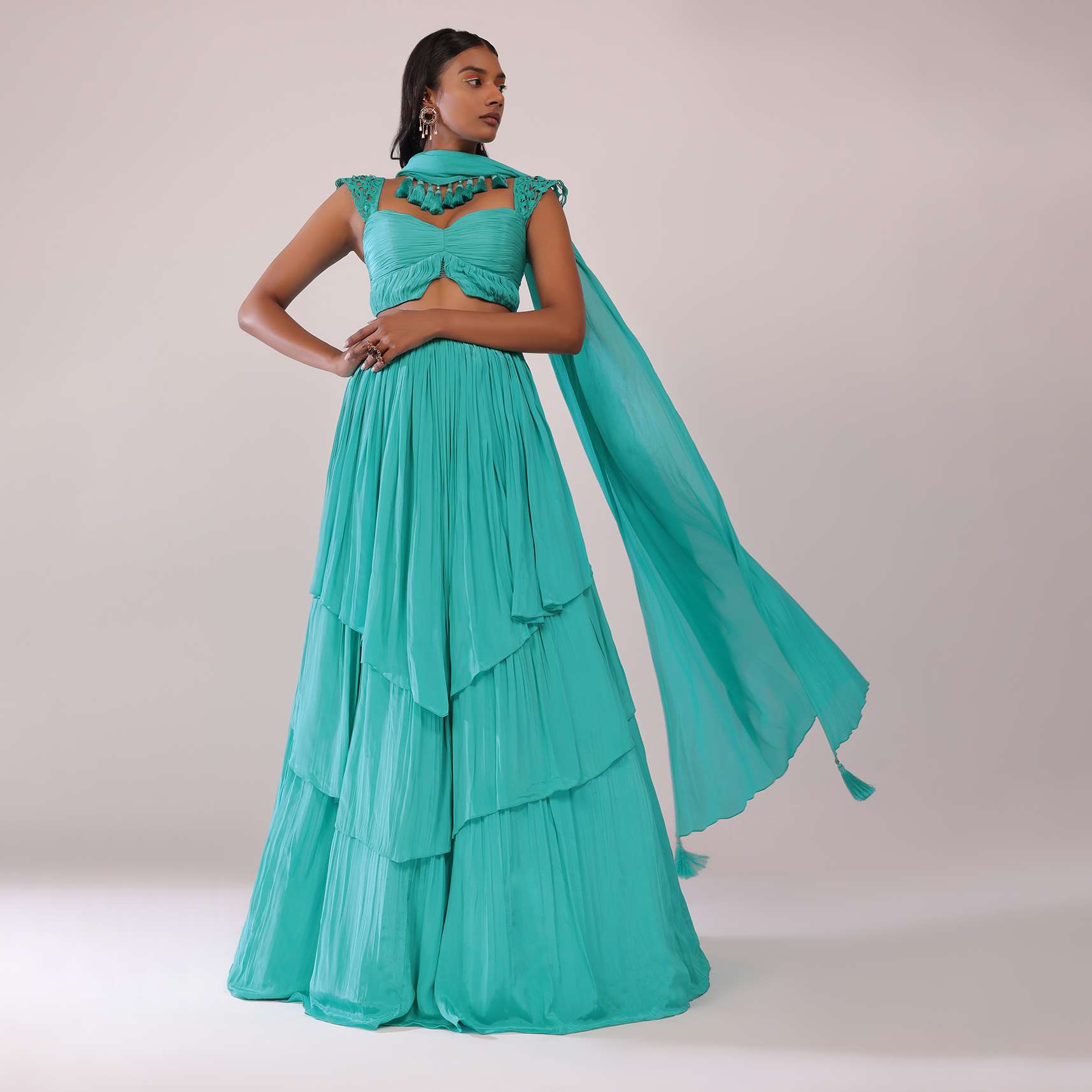 Teal Blue Layered Lehenga And Blouse Set With Choker Dupatta In Crepe