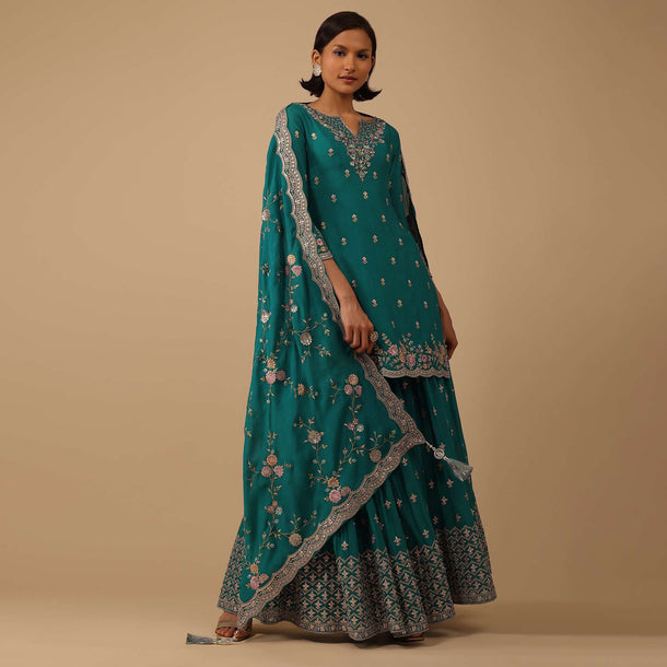 Teal Blue Palazzo Kurti Suit Set In Chinon With Zari And Resham Work