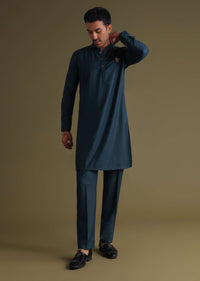 Teal Blue Pathani Kurta Set In Rayon With A Black Patch On Shoulder With Embroidery